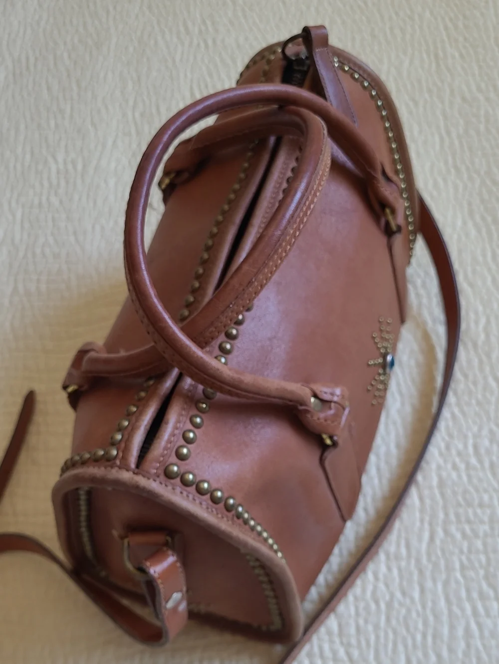 Coach Tan Leather Satchel with Turquoise Sunburst Accent - Picture 4 of 16